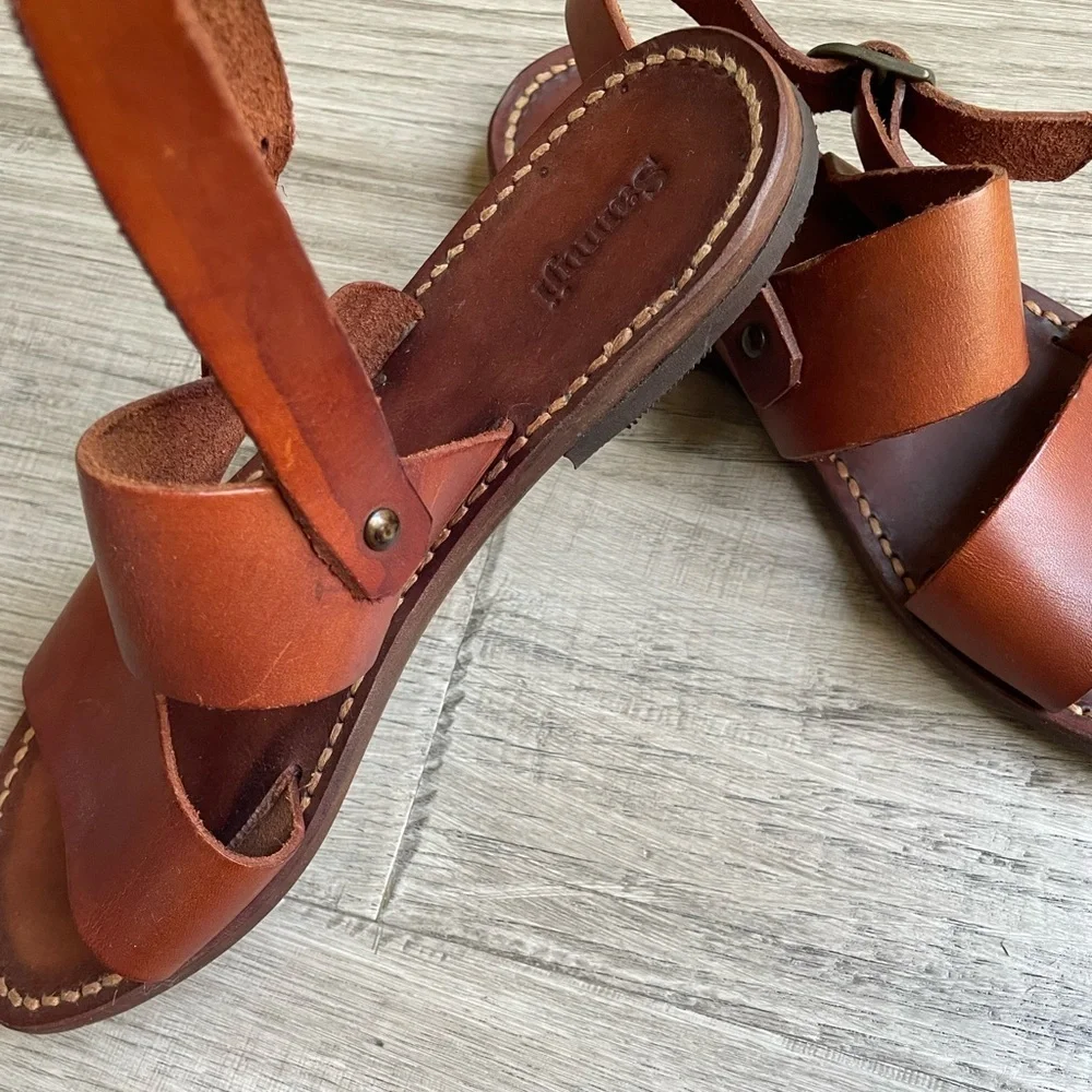 Samuji Leather 2 Strap Sandal W/Heel Strap Adjustable Buckle Closure Brown SZ 6